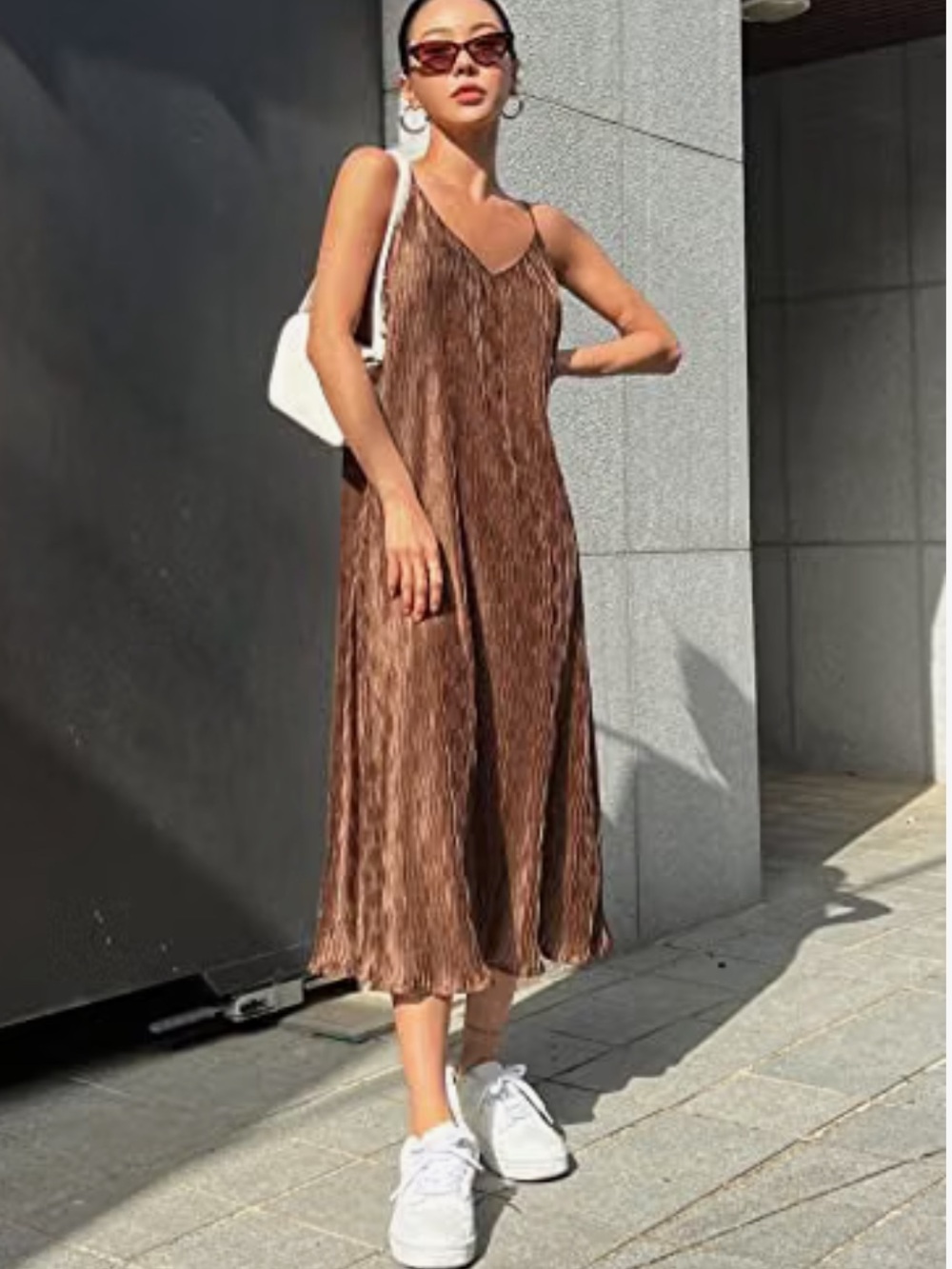 Dazy Brown Textured Slip Midi Dress with Lining and Adjustable Straps M